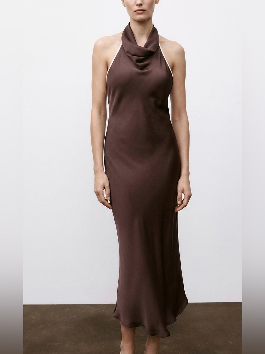 Zara Brown Draped Halter Contrast Piped Midi Dress